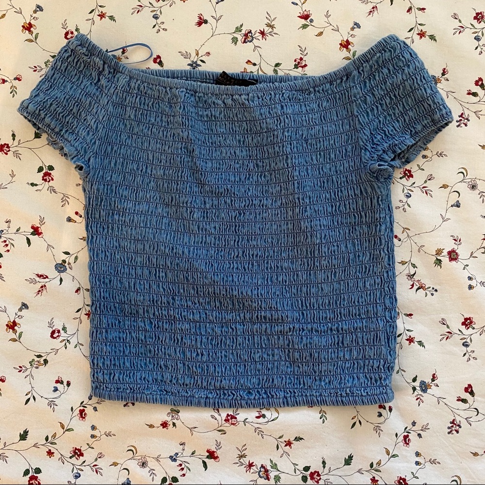 Smocked Blue Off the Shoulder Crop Top